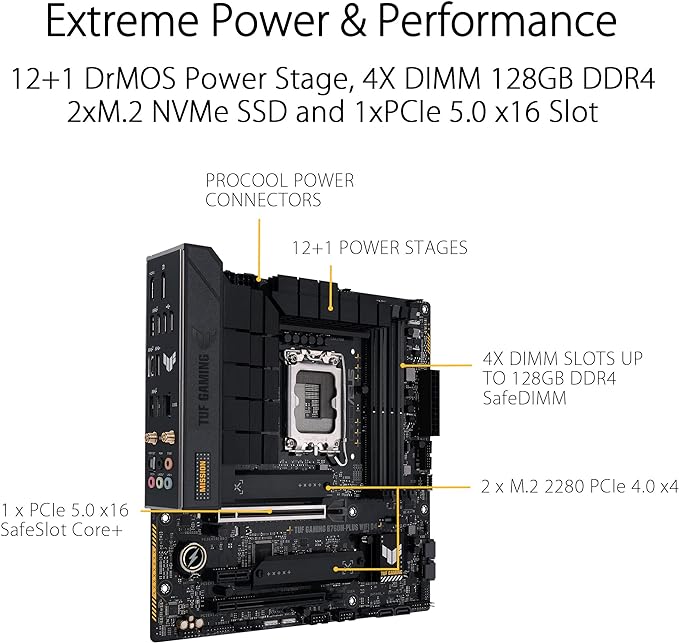 ASUS TUF GAMING B760M-PLUS WIFI D4 Intel(13th and 12th Gen)LGA 1700 mATX motherboard,PCIe 5.0,2xPCIe 4.0 M.2 slots,DDR4,WiFi 6,2.5Gb LAN,USB 3.2 Gen 2x2 Type-C,front USB 3.2 Type-C,Thunderbolt (USB4®) ASUS TUF GAMING B760M-PLUS WIFI D4 Intel(13th and 12th Gen)LGA 1700 mATX motherboard,PCIe 5.0,2xPCIe 4.0 M.2 slots,DDR4,WiFi 6,2.5Gb LAN,USB 3.2 Gen 2x2 Type-C,front USB 3.2 Type-C,Thunderbolt (USB4®)